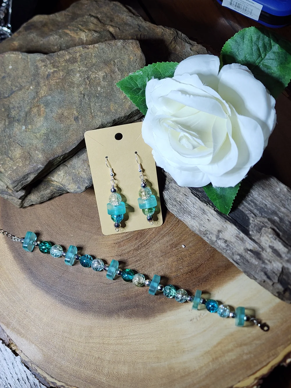 Hand Crafted  Crackled Glass Teal Beaded Bracelet and Earring Set